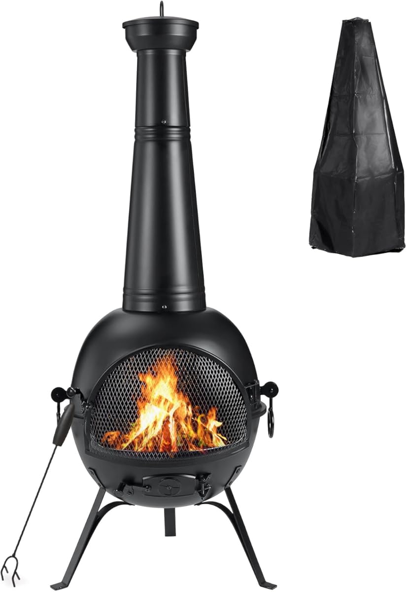 SINGLYFIRE Prairie Fire Outdoor Chiminea Fireplace Deck or Patio Backyard Wooden Fire Pit with Chiminea Cover Rust-Free Iron Black