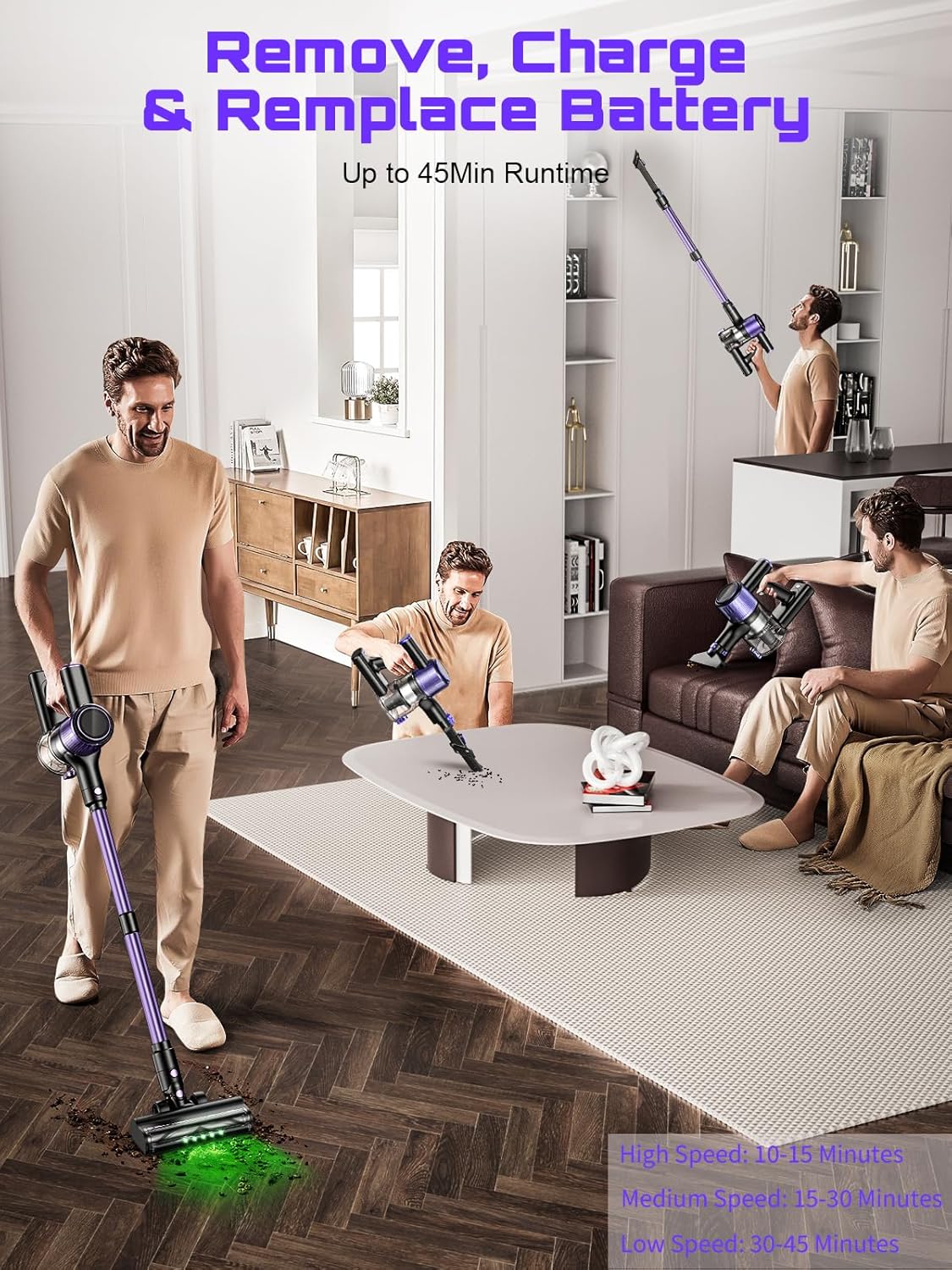 Cordless Vacuum Cleaner, 10 in 1 Stick Vacuum with Powerful Suction, Hose, Green LED Light, Anti-Tangle Brush, Lightweight Rechargeable Vacuum Cleaner for Home, Hardwood Floors, Carpets