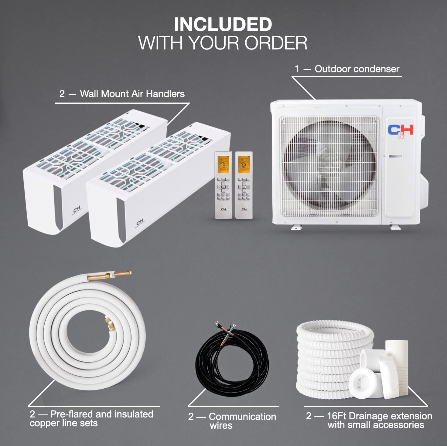 Cooper&Hunter 18,000 BTU Dual Zone 6000 + 6000 BTU Wall Mount Ductless Mini Split A/C and Heater with 25ft Installation Kits