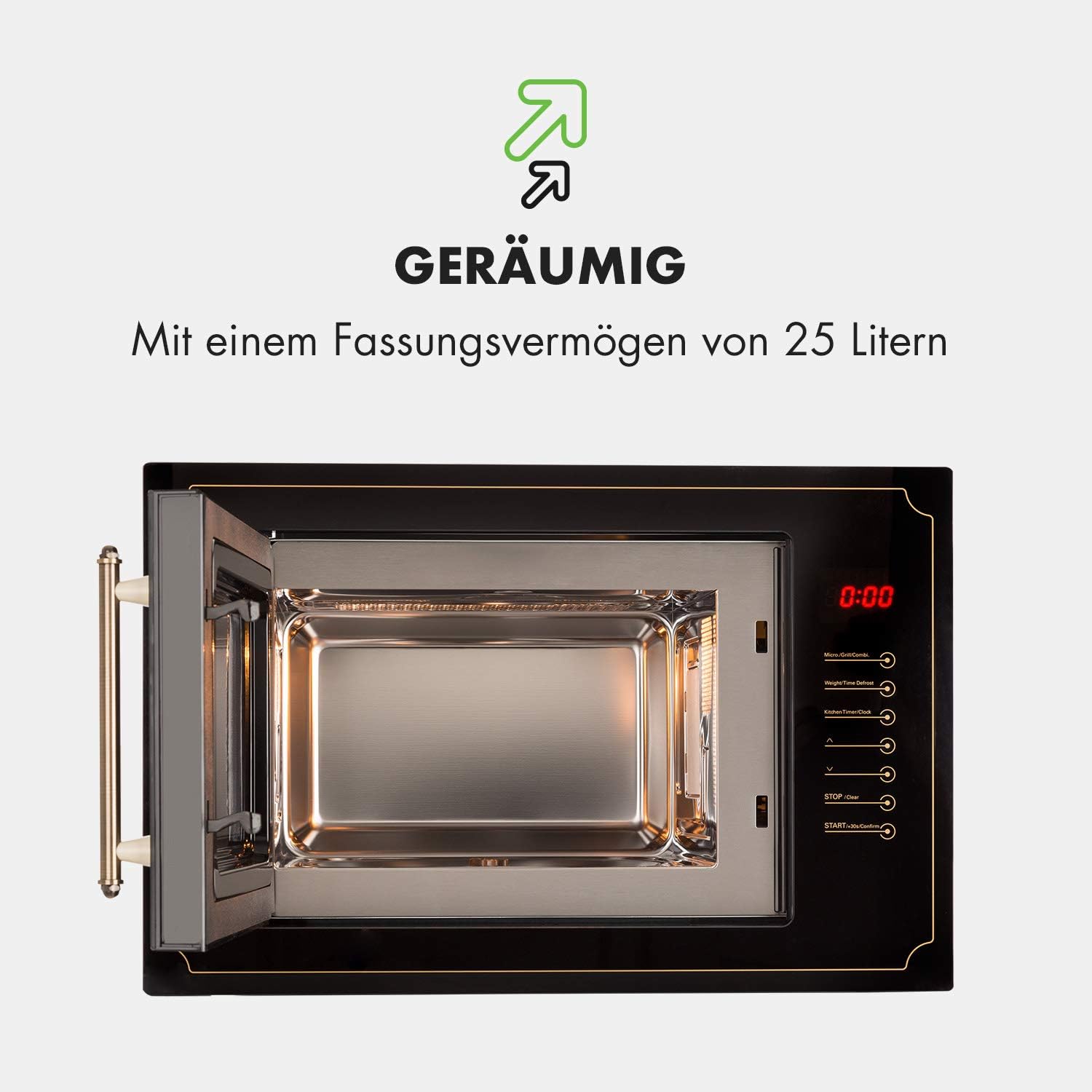 Klarstein Victoria 25 Built-in Microwave, Retro Design, 25L, 900W Microwave/1000W Grill Power, 2 Functions, Stainless Steel, Mounting Frame, Black