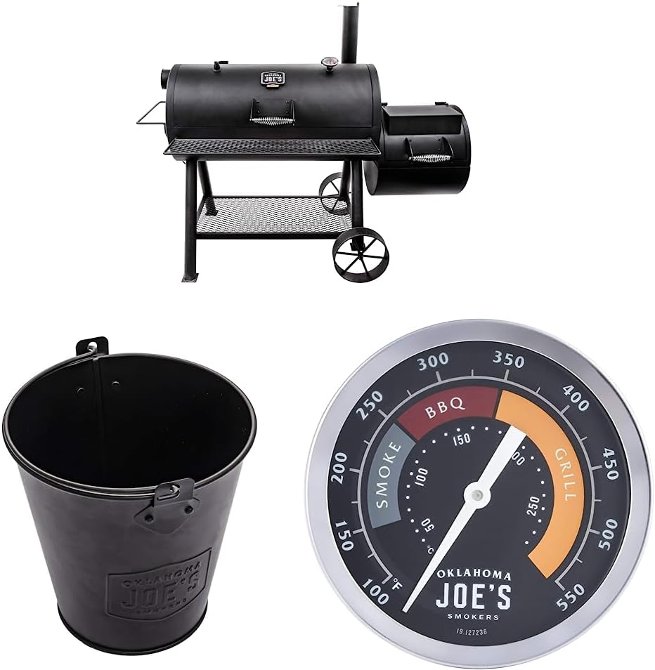 Oklahoma Joe's Longhorn Reverse Flow Smoker, Black & 9518545P06 Drip Bucket, Black & 3695528R06 Temperature Gauge, Silver