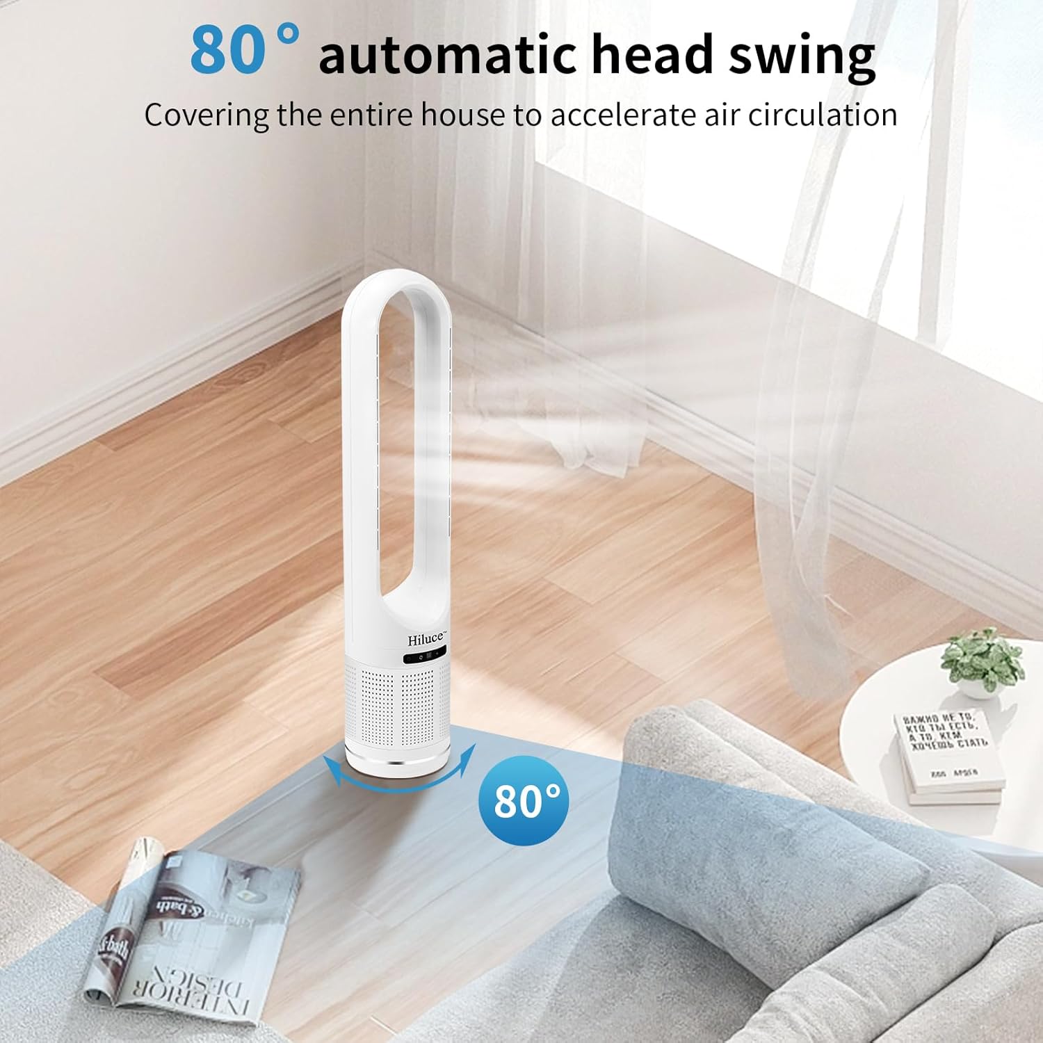 Hiluce 3-in-1 Bladeless Fan with Air Purifier,Indoor Heater,Fan and Heater Combo HEPA Filter,Tip-Over Switch,26ft/s Quiet Tower Fans,80°Oscillating, 8 Speeds, 9H Timer, 32 inch Large