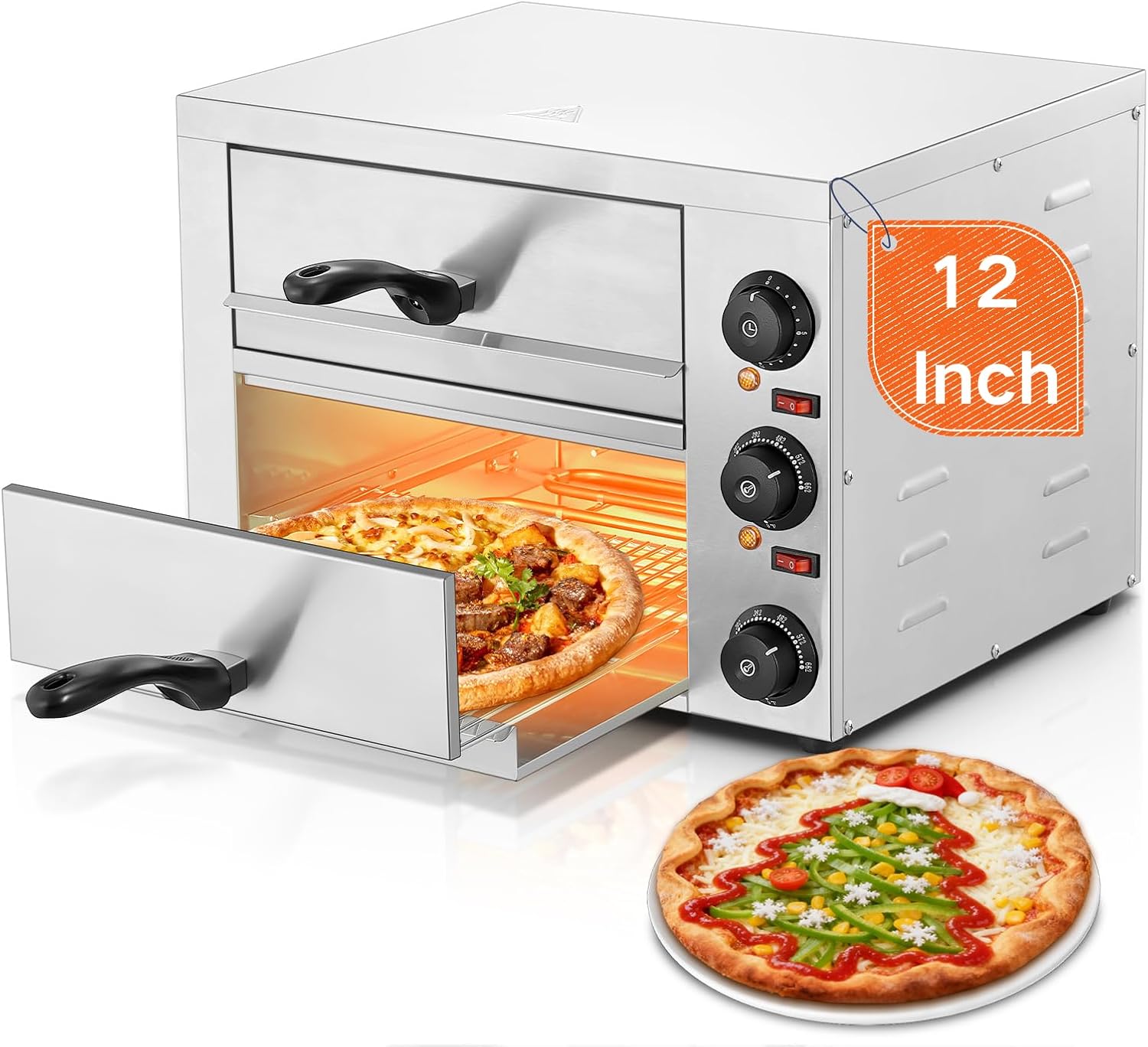 12 Inch Commercial Pizza Oven, Countertop Pizza Ovens with 662°F Max Temp, 2-Layer Electric Pizza Cooker with Alert Timer, 2200W Stainless Steel Pizza-Maker Machine, for Restaurant,Home, Party