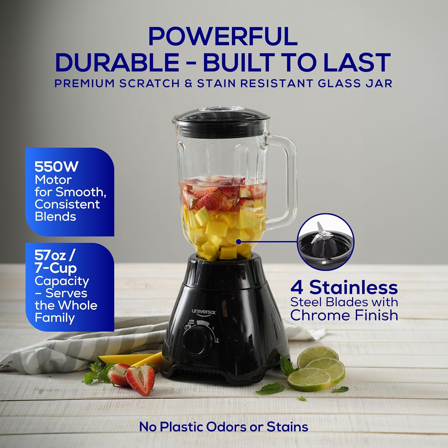 Universal 550W Mass Vital Blender - Glass Jar 57 Oz/1.8 Quart/1.7 Liter - 7-cup, 2 Speed + Pulse Function and 4 Stainless Steel Blade with Chrome Steel Technology