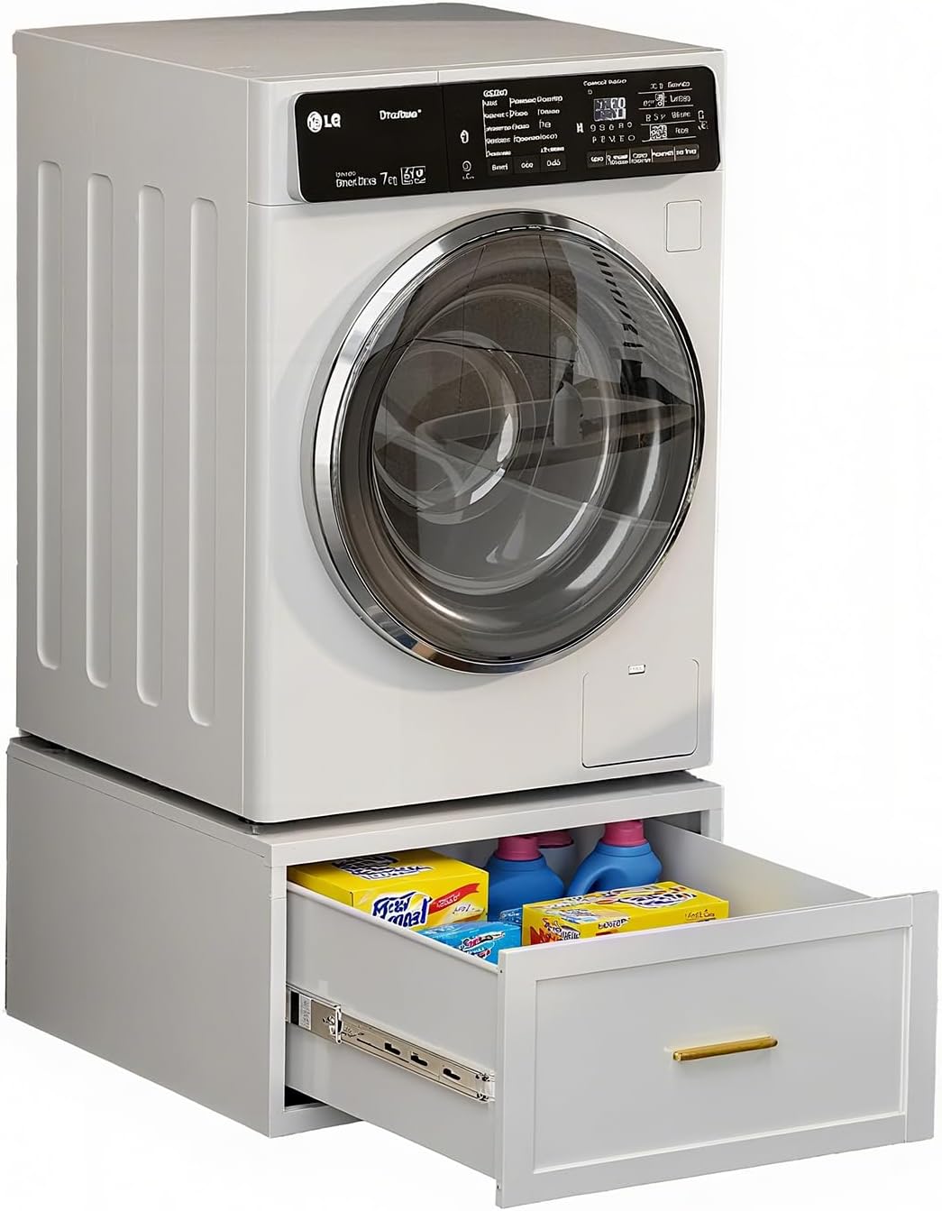 Washer Dryer Pedestals with Drawer, Metal Freestanding Washer and Dryer Pedestals, 440LBS Heavy Duty Anti-Vibration Washing Machine Stand, Universal Laundry Pedestal (WHITE)