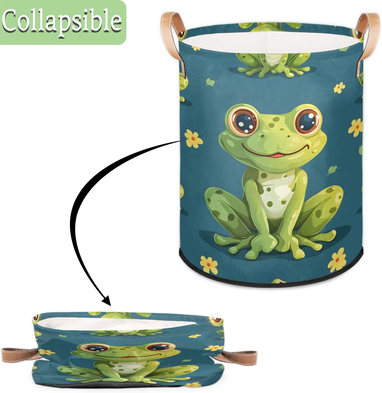 Daisy Frog Laundry Basket Collapsible Waterproof Storage Bin Organizer with Handles Round Dirty Clothes Nursery Hamper for Living Room Bedroom Bathroom Toys Box