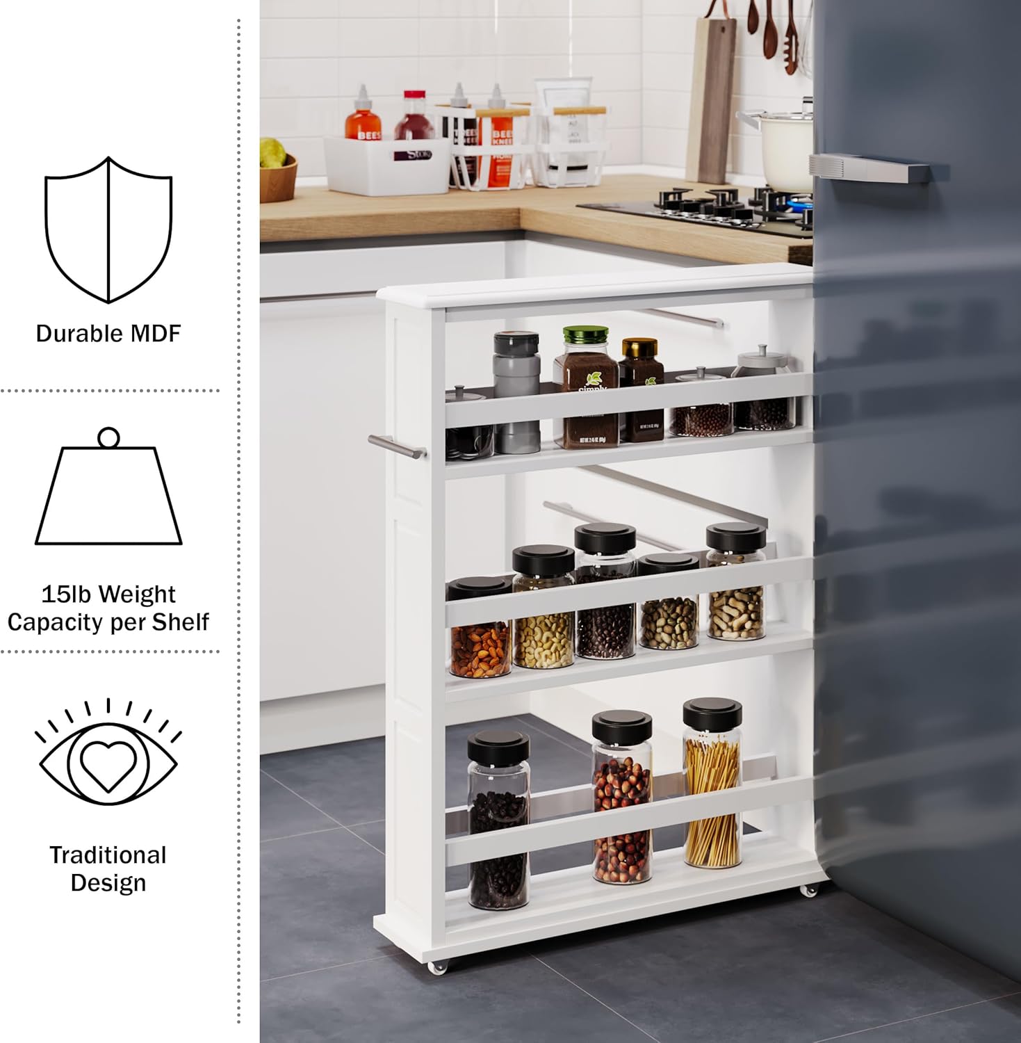 Slim Rolling Storage Cart - 4 Tier Utility Cart with Handle and Wheels for Bathroom, Kitchen and Laundry Room - Storage Shelves by Lavish Home (White)