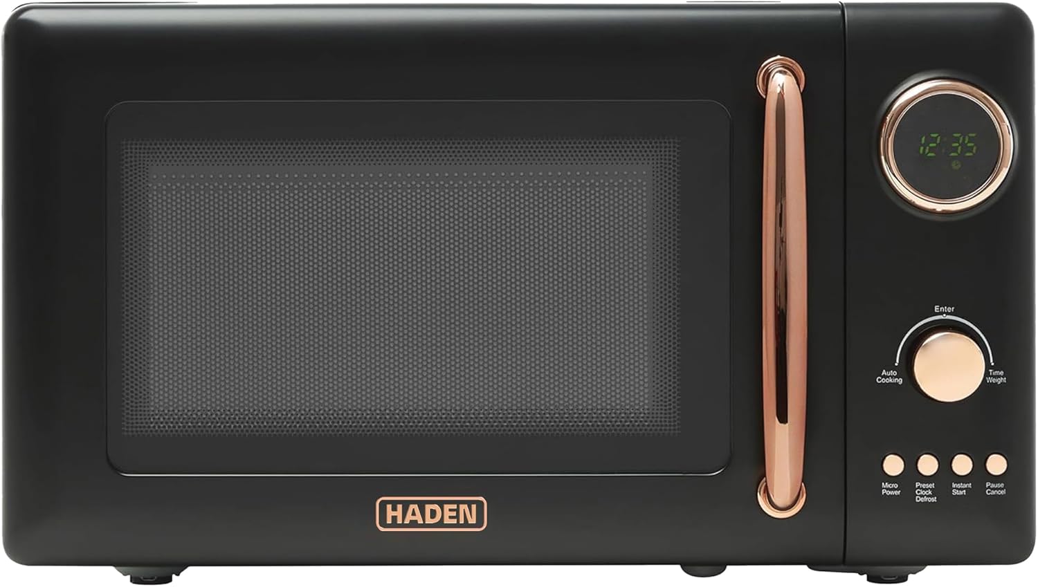 Haden 700 Watt 0.7 Cubic Foot Microwave Oven with Digital Controls, Defrost, and Instant Start Countertop Small Appliance, Black/Copper