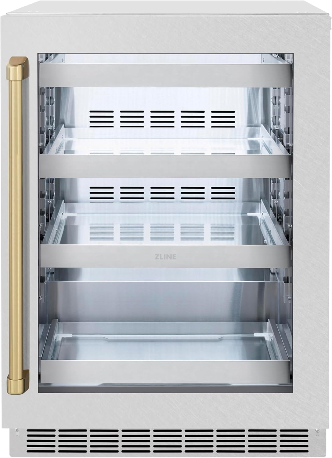ZLINE Autograph Edition 24 in. Touchstone 151 Can Beverage Fridge With Satin Stainless Steel Glass Door And Champagne Bronze Handle (RBSOZ-SN-24-CB)