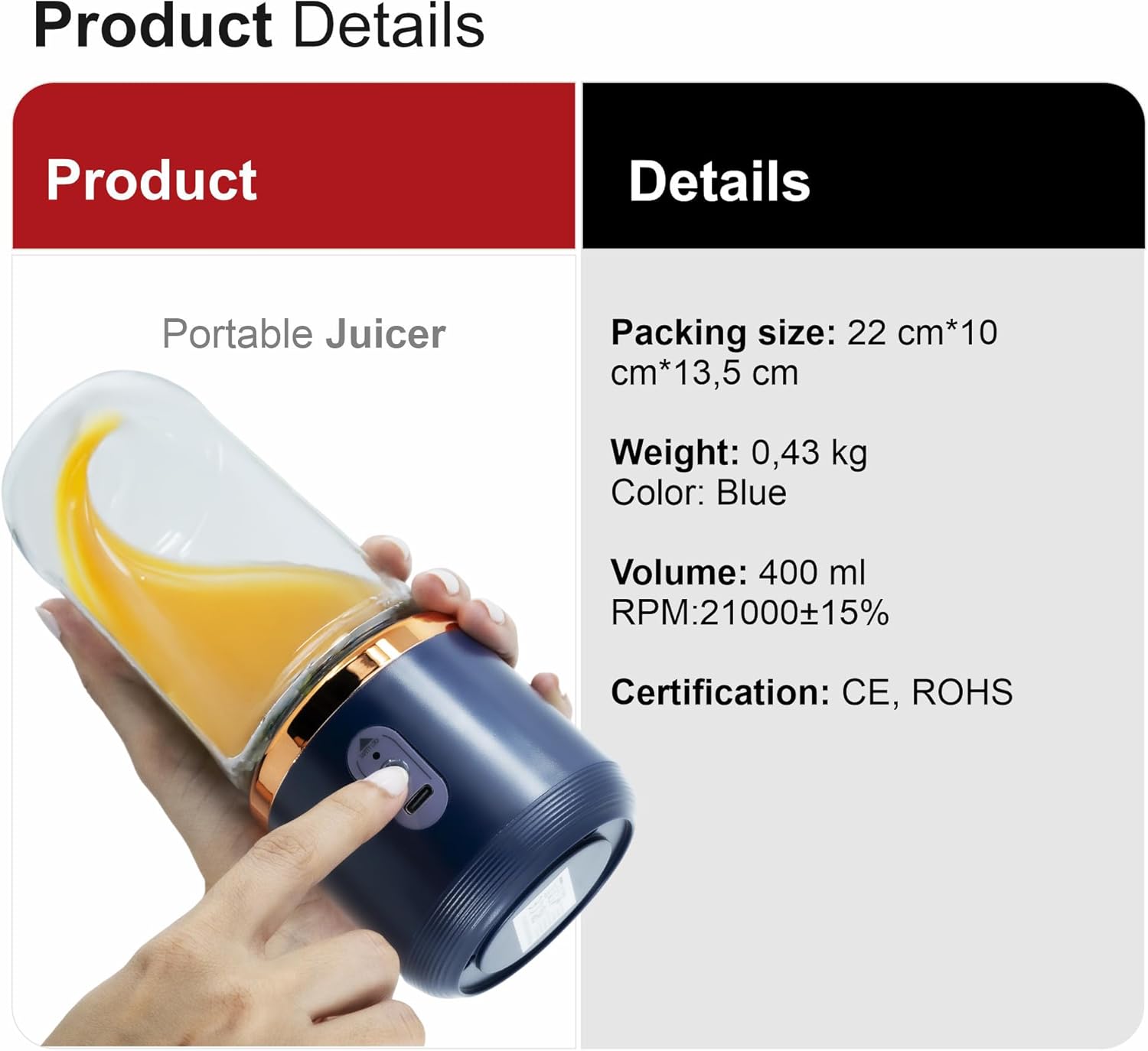 Regalosonline Mini Personal and Portable Hand Blender for Smoothies, Juices, Protein, Fruits, and Vegetables with 6 Blades + 2 Cups to go anywhere - USB Rechargeable!