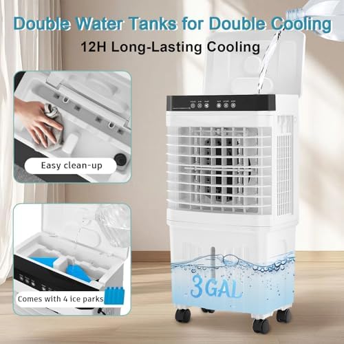 Swamp Cooler Portable Air Conditioners, 28” Evaporative Air Cooler with 3 Gallon Water Tank, 4 Ice Packs, 120°Oscillation Cooling Fan 2 Modes & 3 Speeds, 12H Timer for Home Outdoor Office Garage