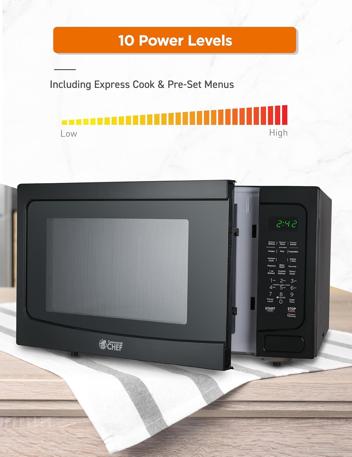 COMMERCIAL CHEF 1.6 Cubic Foot Microwave with 10 Power Levels, Small Microwave with Push Button Child Safety Lock, 1100 Watt Microwave with Digital Control Panels, Countertop Microwave & Timer, Black