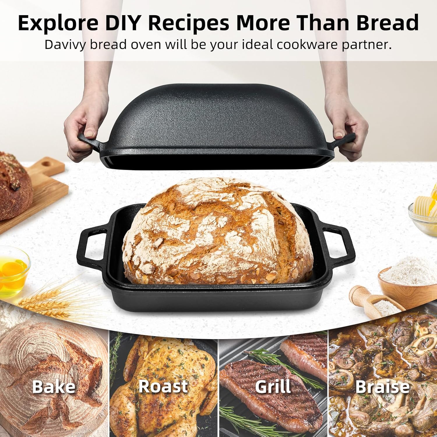 Davivy 9QT Large Cast Iron Bread Loaf Pan with Lid, Pre-Seasoned Dutch Oven for Sourdough Bread Baking, Non-stick Cast Iron Sourdough Baking Pan with Lid