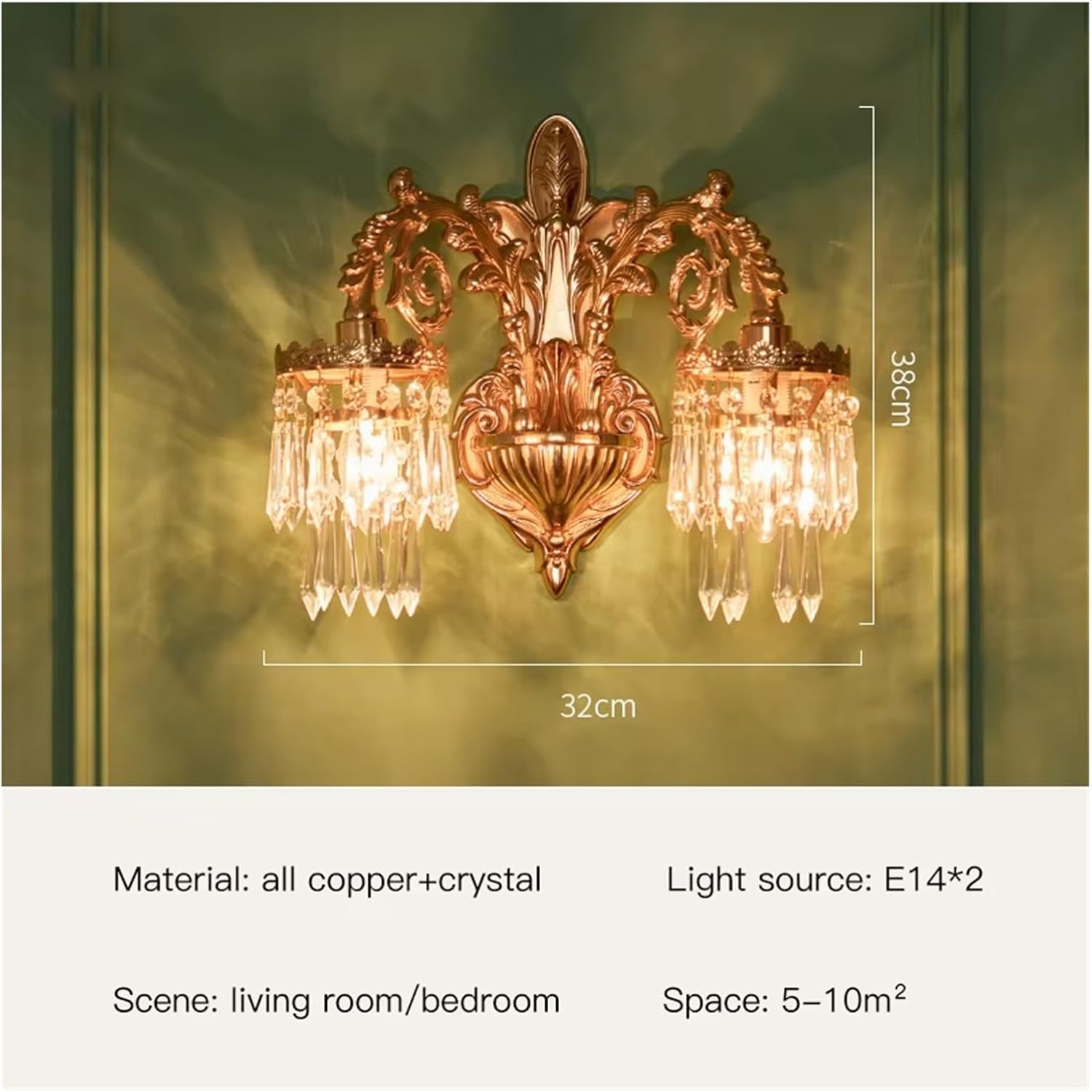 Luxury Copper Crystal Wall Lamp for Living Room Bedroom Loft Indoor Home Double Head Gold Vintage Retro Style Sconce Lights,Household