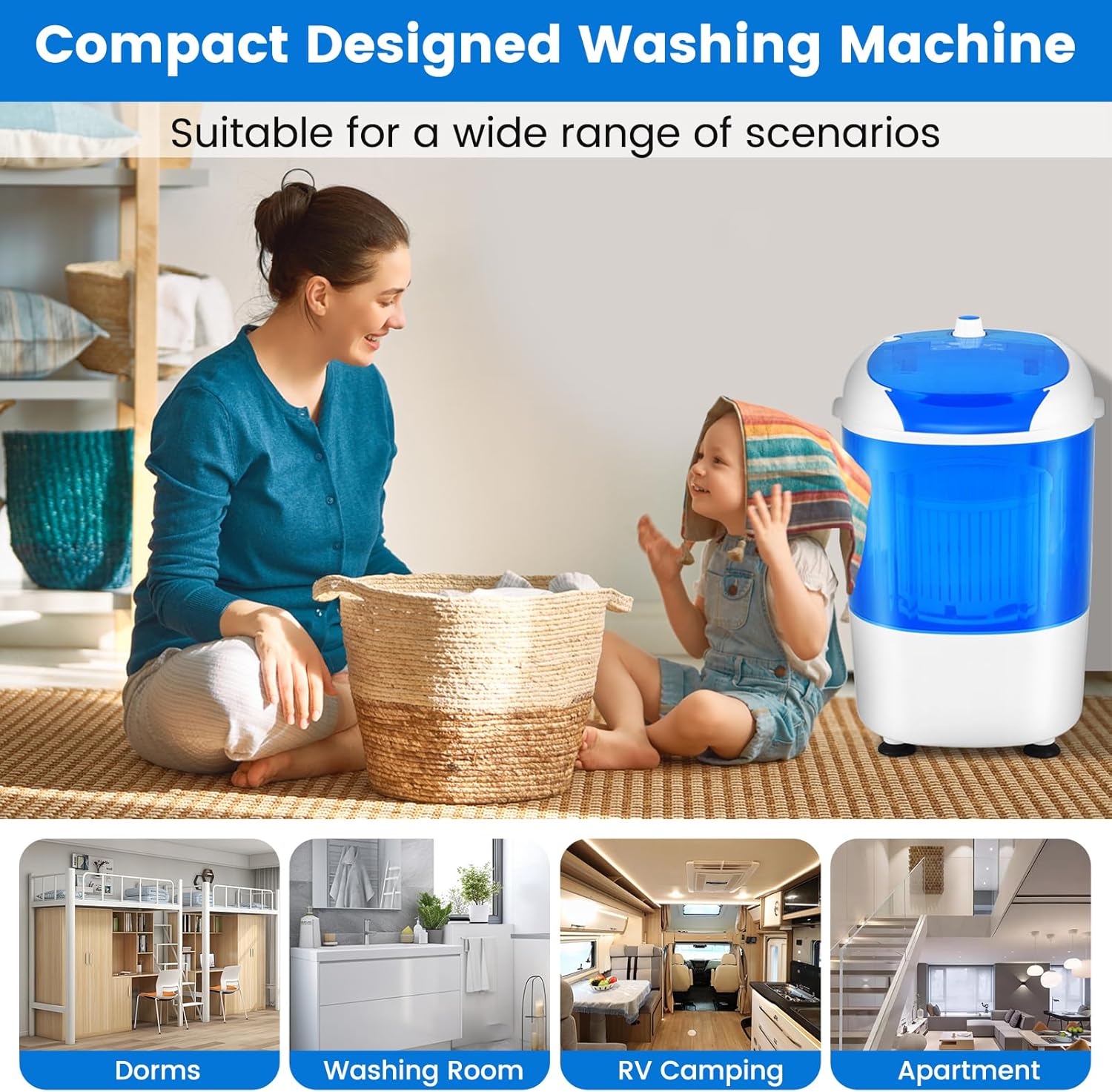 COSTWAY Portable Mini Washing Machine with Spin Dryer, Washing Capacity 5.5lbs, Electric Compact Machines Durable Design Energy Saving, Rotary Controller, Laundry Washer for Home Apartment RV, Blue