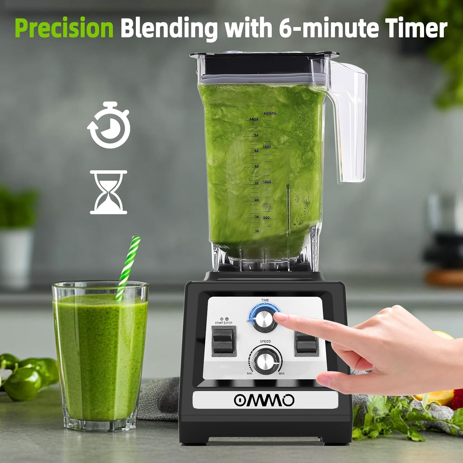 OMMO Blender for Smoothies: 1800W Peak Blenders for Kitchen, 68oz BPA-Free Pitcher, Timer & Speed Control, 6 Stainless Steel Blades, Dishwasher Safe Blender for Ice Crush/Smoothies/Frozen Drinks/Black