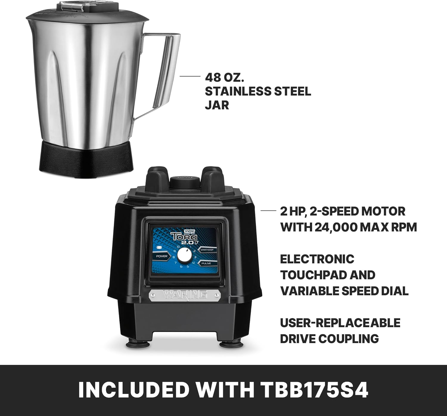Waring Commercial TBB175S4 Torq 48 Oz. Variable Speed Bar Blender w/S/S Jar, 120V, 5-15 Phase Plug, Black