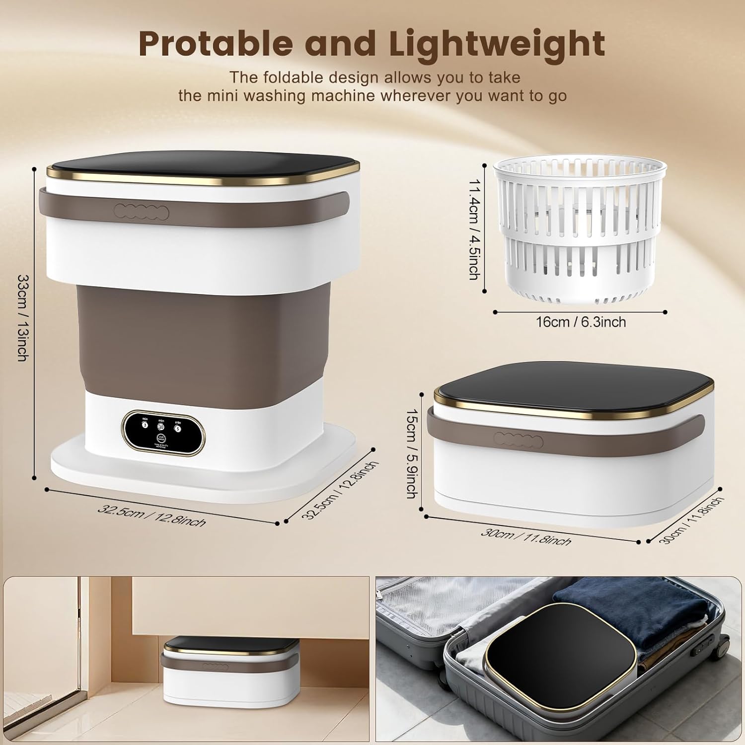 Portable Washing Machine, 15L Mini Washing Machine with Spin Basket & 3 Modes Deep Cleaning, Foldable Mini Washer for Apartments, Dorms, Camping (Khaki)