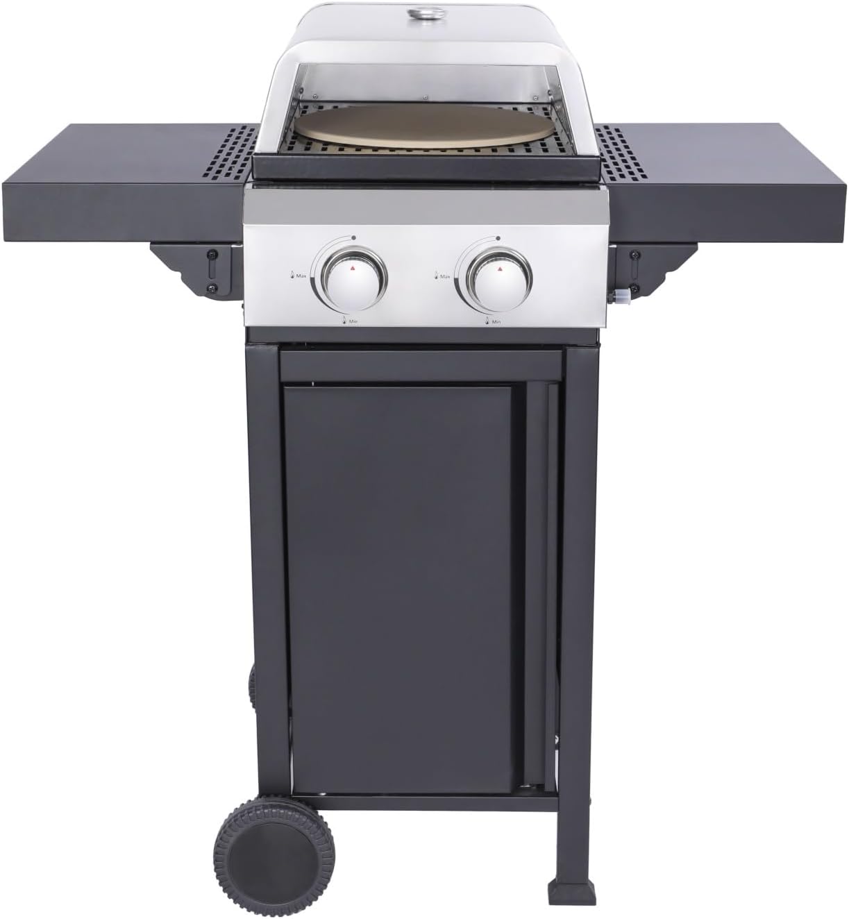 2-Burner Propane Gas BBQ Grill with Pizza Box and 24600BTU Output, Wire Enamel Cooking Grids, Foldable Side Table, Hanging Basket, Stainless Steel