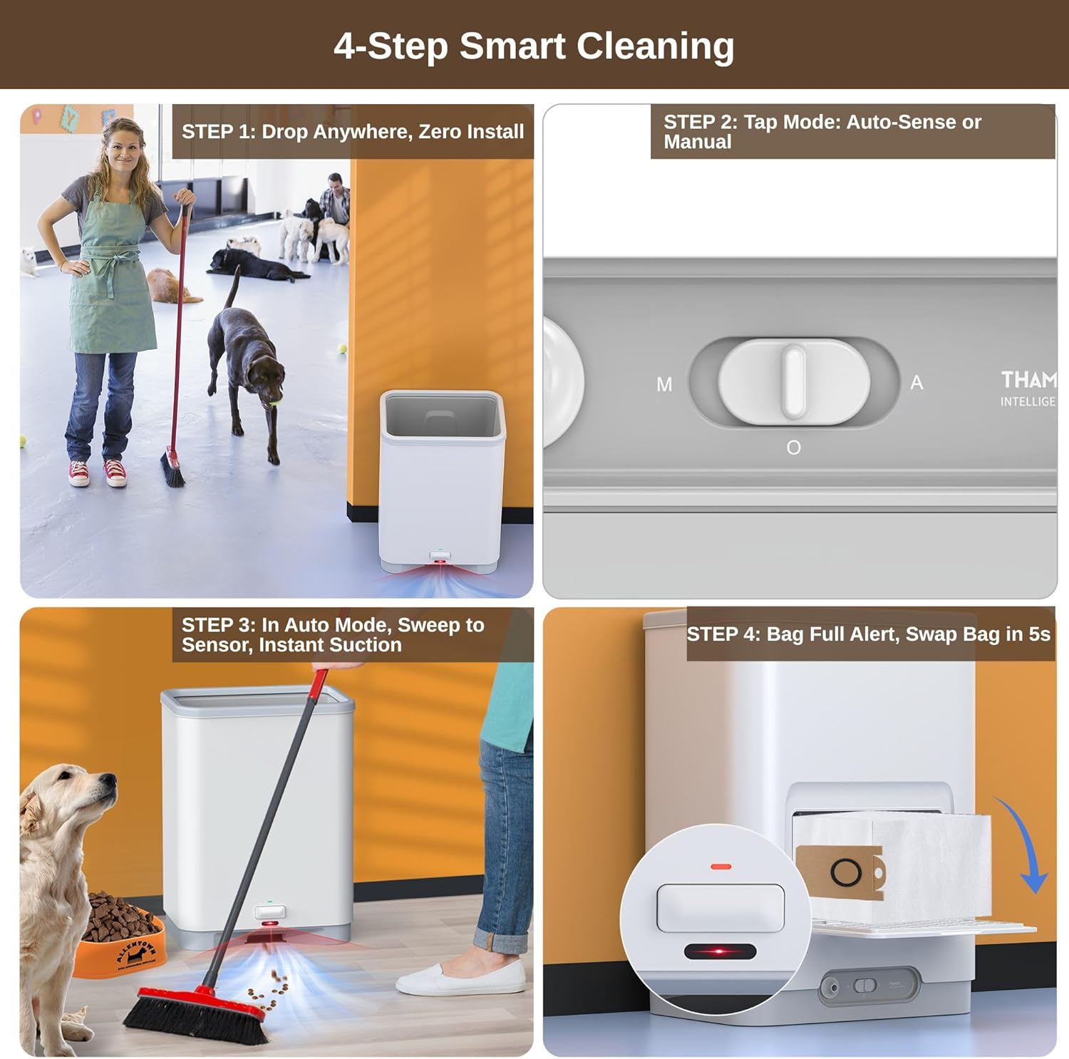 Touchless Vacuum Automatic Dustpan with 2 Operation Modes - Ultra Fast & Powerful Corded Canister Pet Vacuum for Sweeping Pet Hair, Salon, Food Crumbs & Dirt