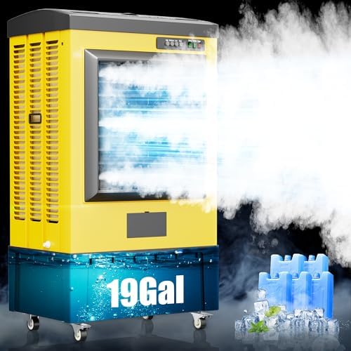 AKIRES 6500CFM Swamp Coolers,Evaporative Air Cooler for 1600Sq.ft of Space,with Continuous Auto Fill,19-Gal Water Tank,120°Oscillation,5 Ice Packs,Cooling Fan for Outdoor,Indoor Yellow(48IN)