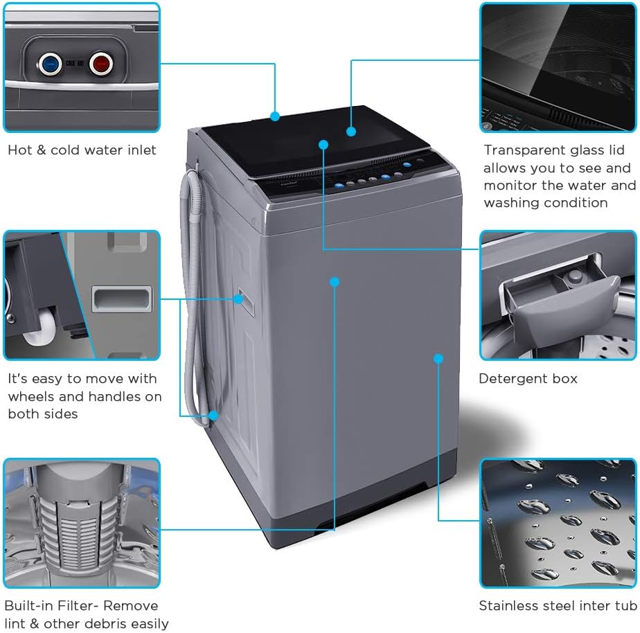 COMFEE’ 1.6 Cu.ft Portable Washing Machine, 11lbs Capacity Fully Automatic Compact Washer with Wheels, 6 Wash Programs Laundry Drain Pump, Ideal for Apartments, RV, Camping, Magnetic Gray