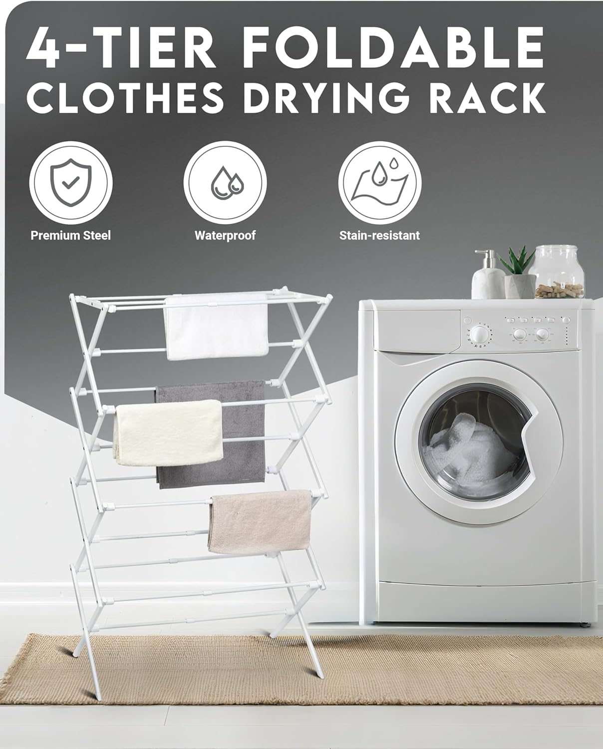 4-Tier Clothes Drying Rack, 4ft High Foldable Drying Rack Clothing for Indoor & Outdoor, Portable Collapsible Laundry Dryer for Laundry Room and Apartment, White 29