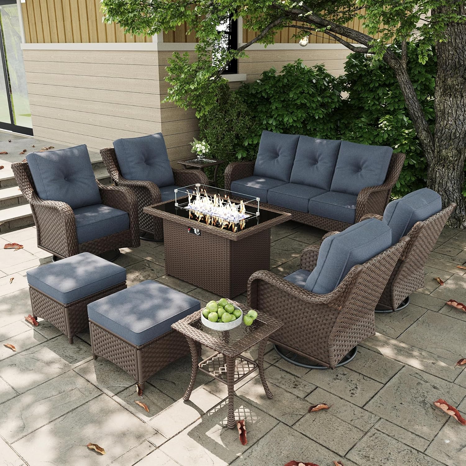 10 Pieces Outdoor Patio Furniture Sets with Rocking Swivel Chairs with 6-inch Thick Cushion and Fire Pit Table for Deck Lawn