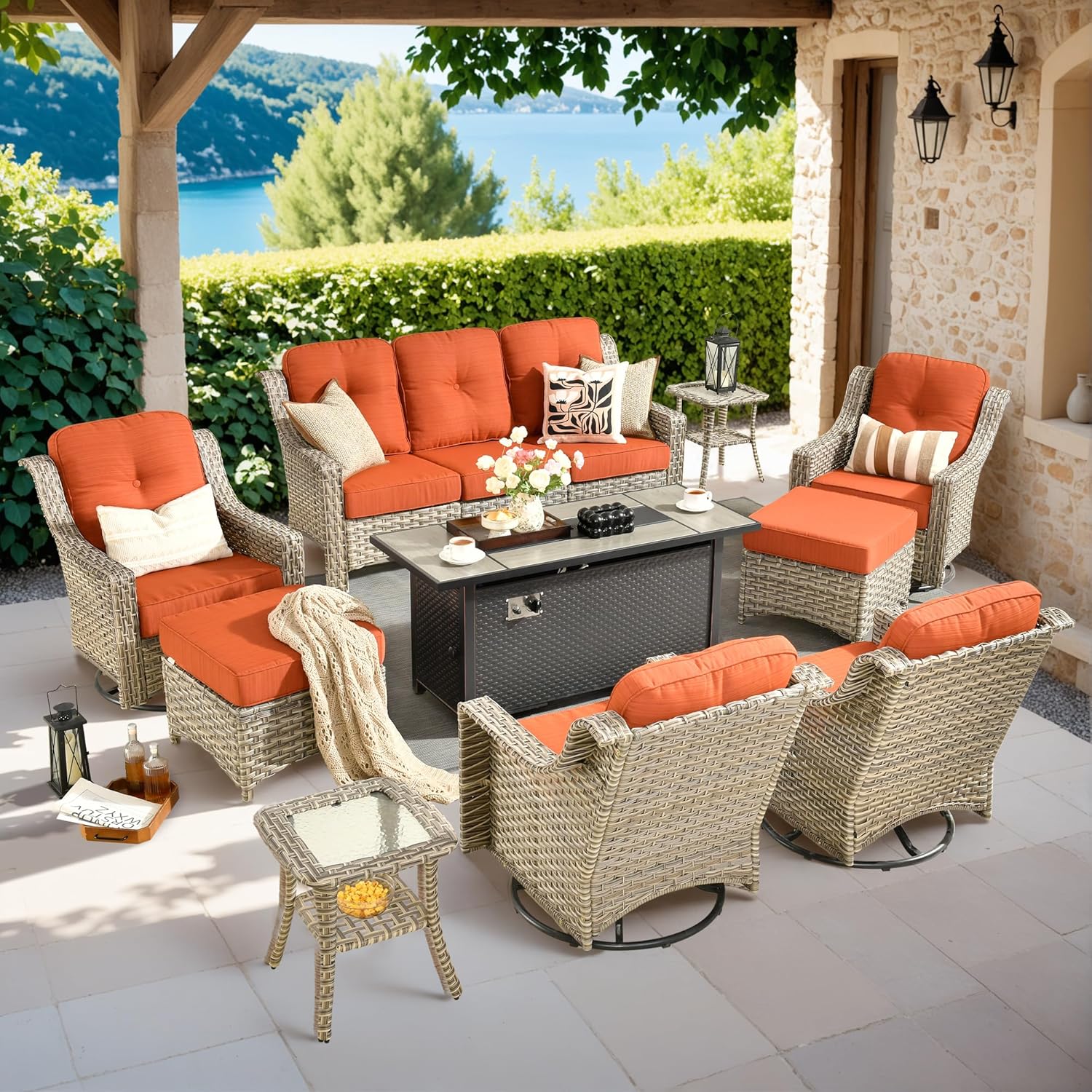 10 PCS Outdoor Patio Furniture Set with Fire Pit Table and Swivel Rocking Chairs,Patio Seating Sofa and Chair Set,All Weather Wicker Outdoor Conversation Sets for Garden Deck Yard,Orange Red