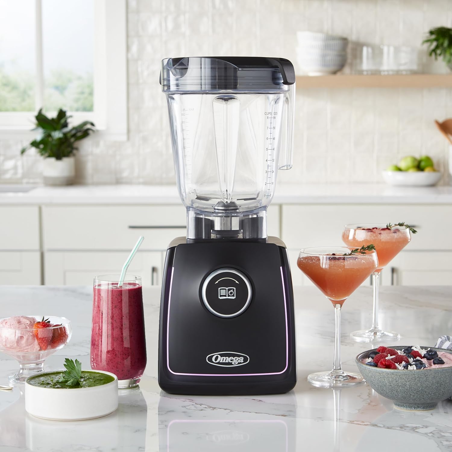 Omega ProForce Blender, Professional Grade with Intellidial Technology Includes 20 Built-In Recipes 12 Variable Speeds 7 Pulse Settings and 64-Ounce Pitcher Plus Travel Cup, 2HP/1400 Watts, Black