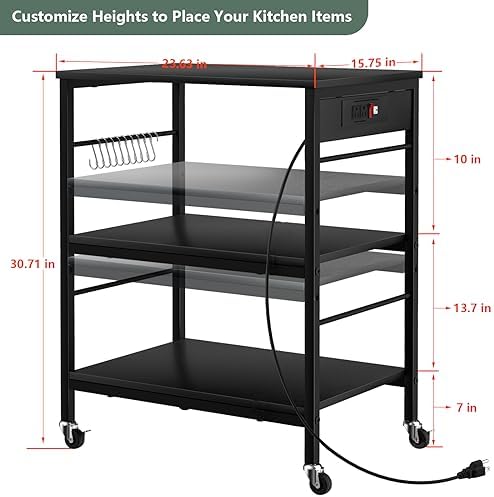 Bakers Rack with Power Outlet Microwave Shelf Stand Black Coffee Bar Table Cart 3 Tier Kitchen Carts on Wheels with Storage and 10 S-Shaped Hooks for Living Room Dining Room Office