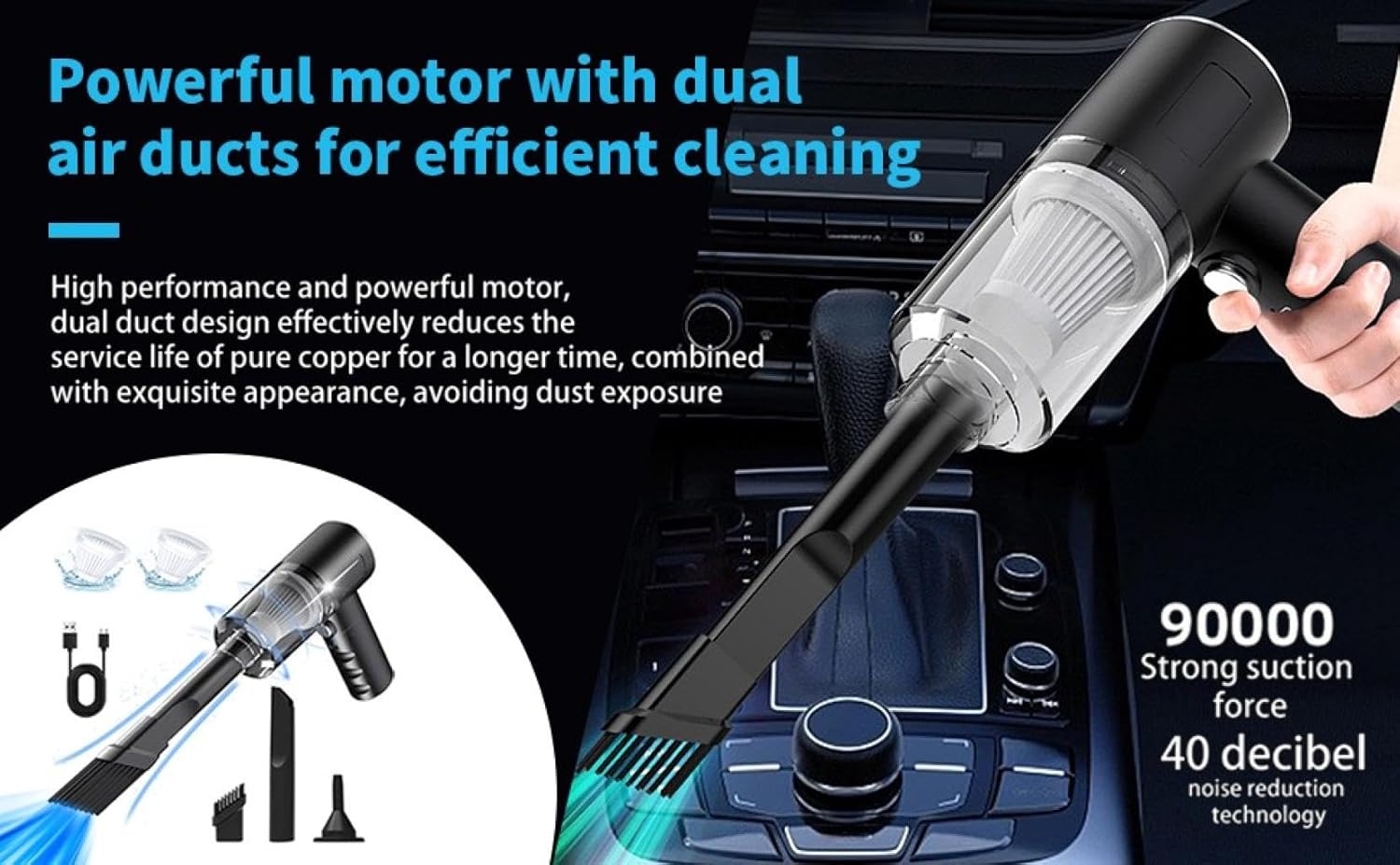 Car Vacuum Cleaner 3000PA High Power Portable Wet Dry Vacuum Cleaner for Home Office - Low Noise Handheld Vacuum Cleaner with Multi-Nozzles