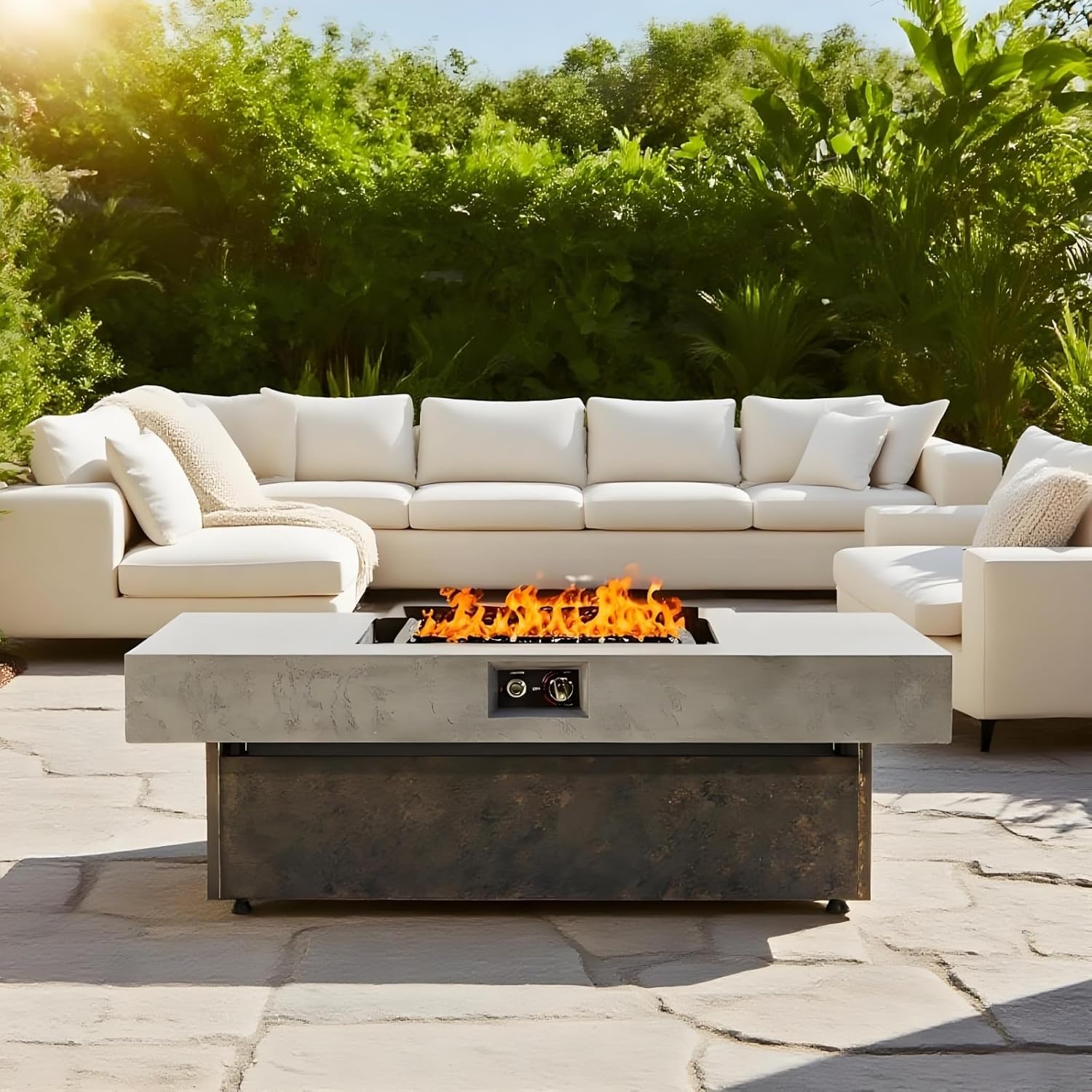 Tabletop Propane Fire Pits, Brown+Gray Rectangle Outdoor Firepit Table with 3 Height Options, 50000 BTU, Electronic Ignition, Decorative Glass & Lid, 55