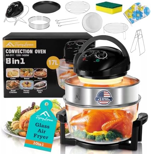 APSARAS USA Upgraded 10 in1 Glass Air Fryer Non Toxic,17 Quart Convection Oven Countertop Air Fryer Glass, Healthy Kitchen Bake,Grill,Steam Broil, & Roast -Includes Bowl,Broil Rack,Toasting Rack