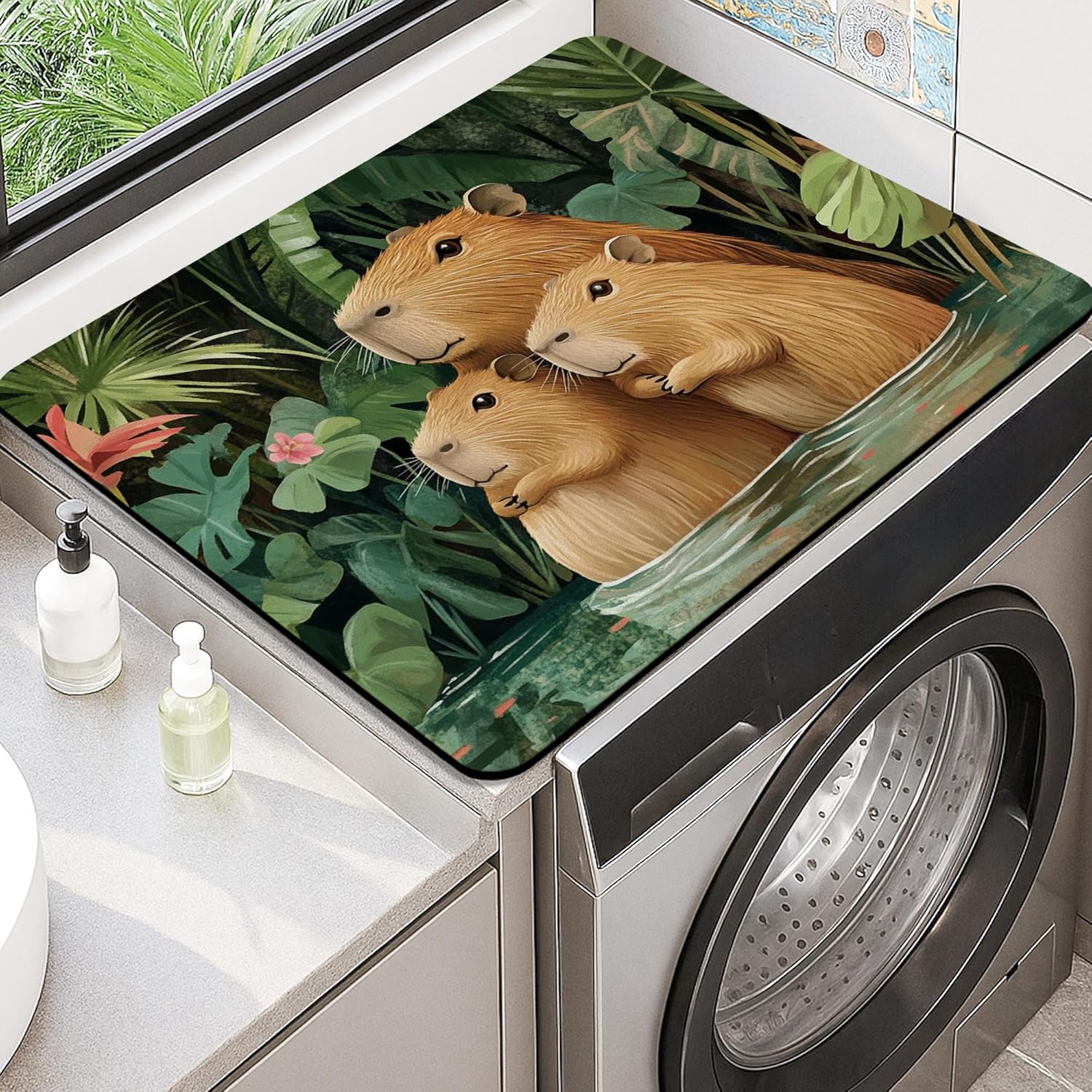 Capybara Washer Dryer Top Protector Mat, Tropical Animal Print Washing Machine Dust Cover, Eco-friendly Rubber Anti-slip Waterproof Mat for Laundry Room 20x24 Inch
