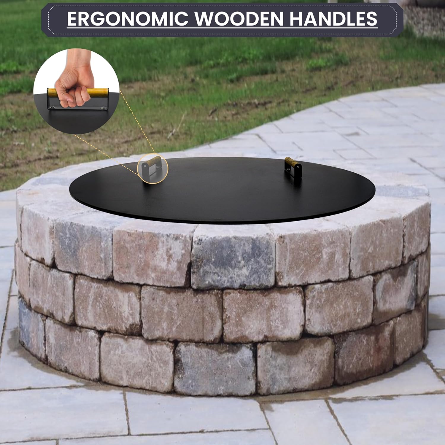 38” Fire Pit Cover Lid Round - Fit for 36” Round Fire Pit Lid for Outdoor Fireplace Cover Lid Steel fire Pit Metal Cover W/ 2 Wooden Handles & Heat Resistant Snuffer Lid for Patio Fire Pit Ring