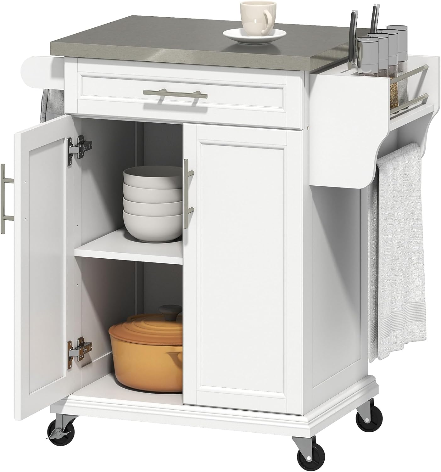 HOMCOM Kitchen Island on Wheels, Rolling Kitchen Cart with Stainless Steel Countertop, Drawer, Towel Rack and Spice Rack, Utility Storage Trolley, White