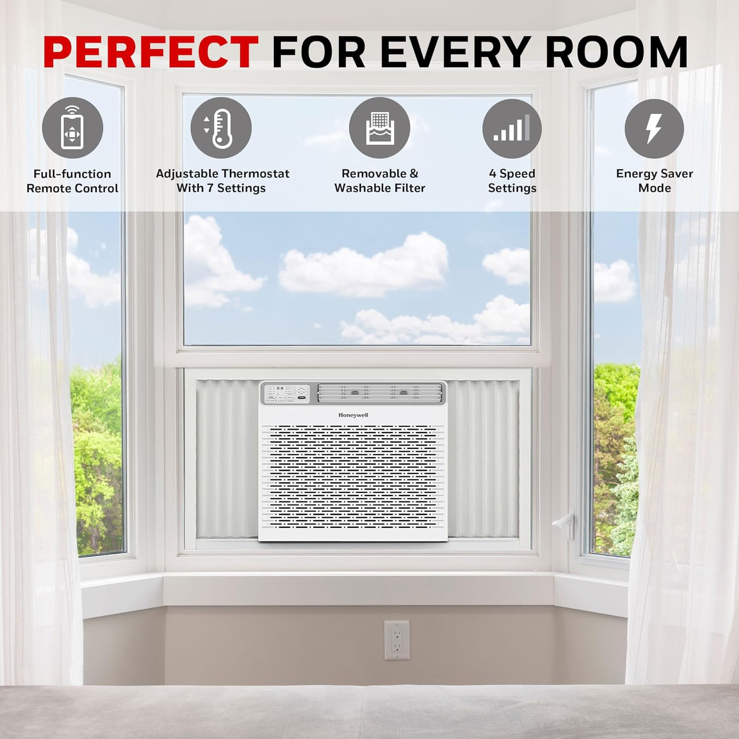 Honeywell 14,000 BTU Digital Window Air Conditioner, Remote, LED Display, 4 Modes, Eco, 800 sq ft Coverage