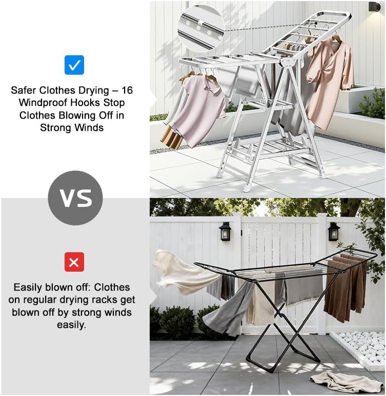 MIKEE Clothes Drying Rack,Stainless Steel Foldable Laundry Drying Rack with Height Adjustable Wings,Clothes Rack with Shoe Rack,Windproof Hanging Holes and Wheels，132 lb,Indoor Outdoor Use