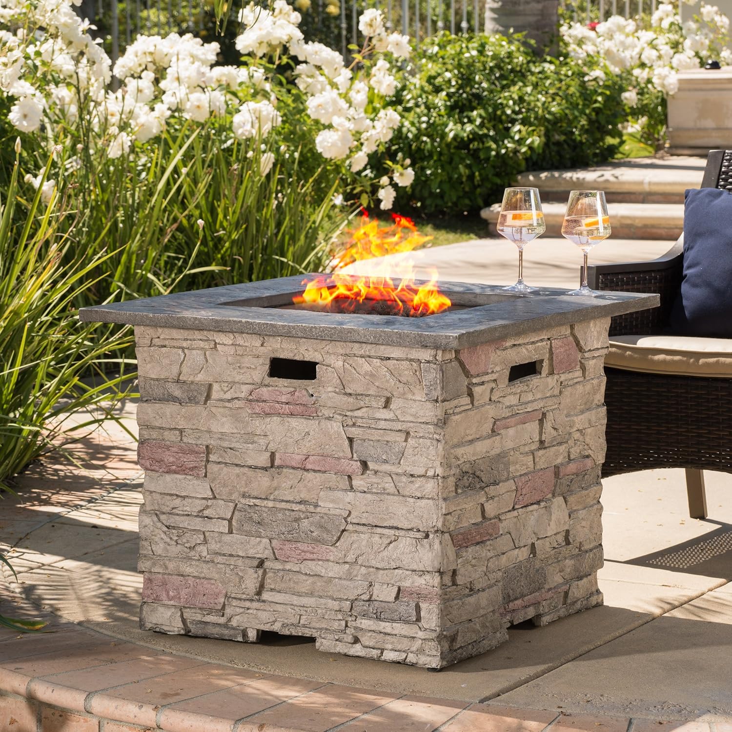 32 Inches Stone Square Mgo Fire Pit with Grey Top – 40,000 Btu Outdoor Fireplace, Durable & Stylish, Patio, Backyard (Stone Gray) (1 Doors)