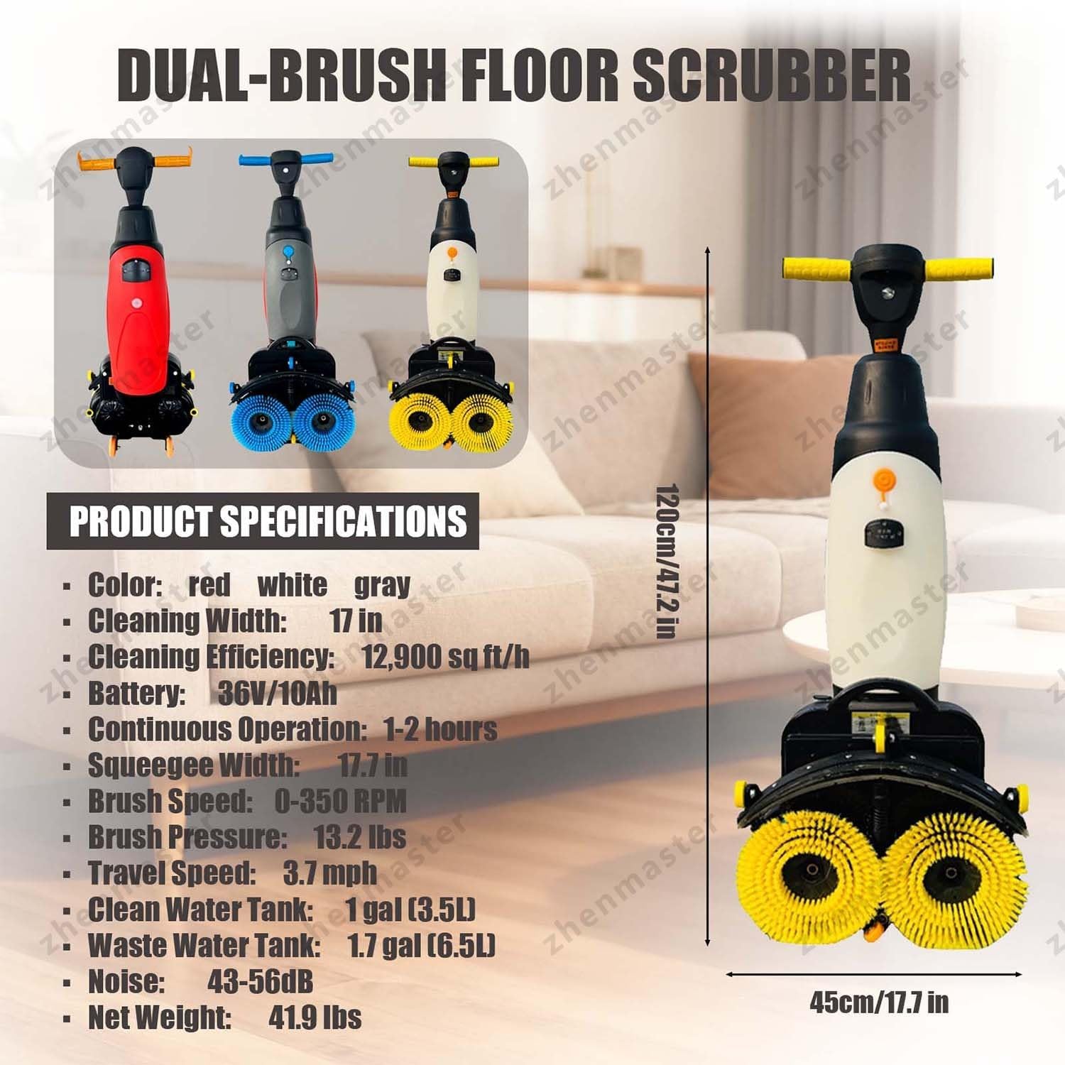 Portable Electric Floor Scrubber Machine, 3-in-1 Washer Dryer 17-Inch Cleaning Width, Rechargeable Battery Floor Cleaner for Tile, Hardwood, and Carpet in Office, Restaurant, Hotel(Red)