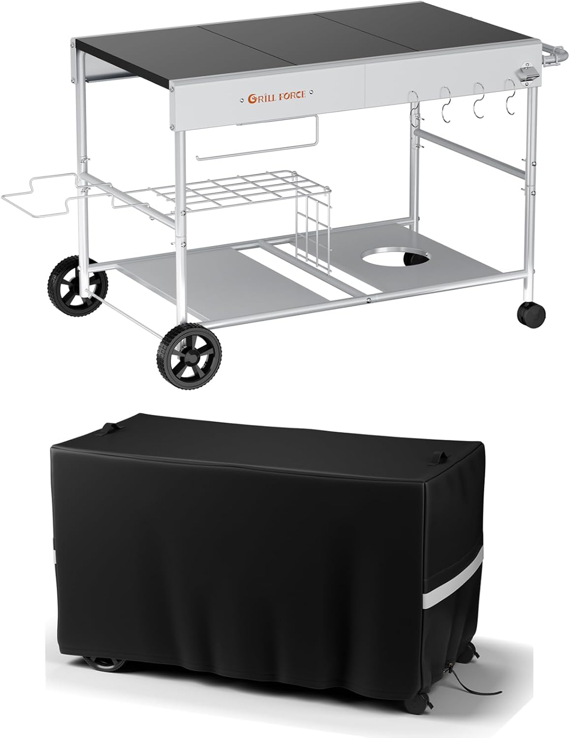 Pizza Oven Table with Cover,Movable Pizza Oven Stand + Outdoor Dining Cart Cover,53 Inch Waterproof Fit Cover for Ninja Woodfire, Blackstone