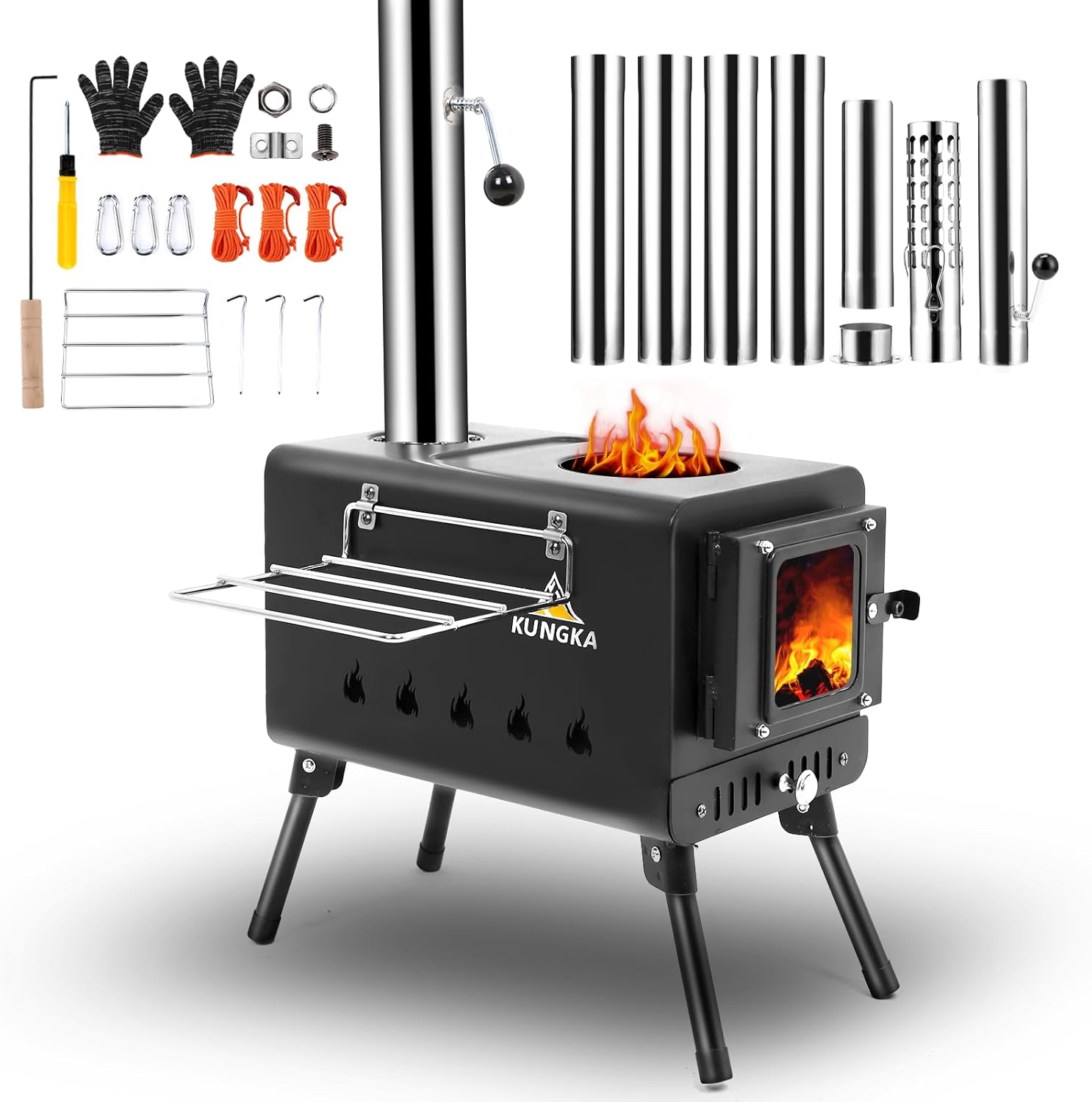 Black Wood Burning Tent Stove, 7 Section Stainless Steel Chimney, Portable Hot Tent Stove for Camping, Hunting, Ice Fishing