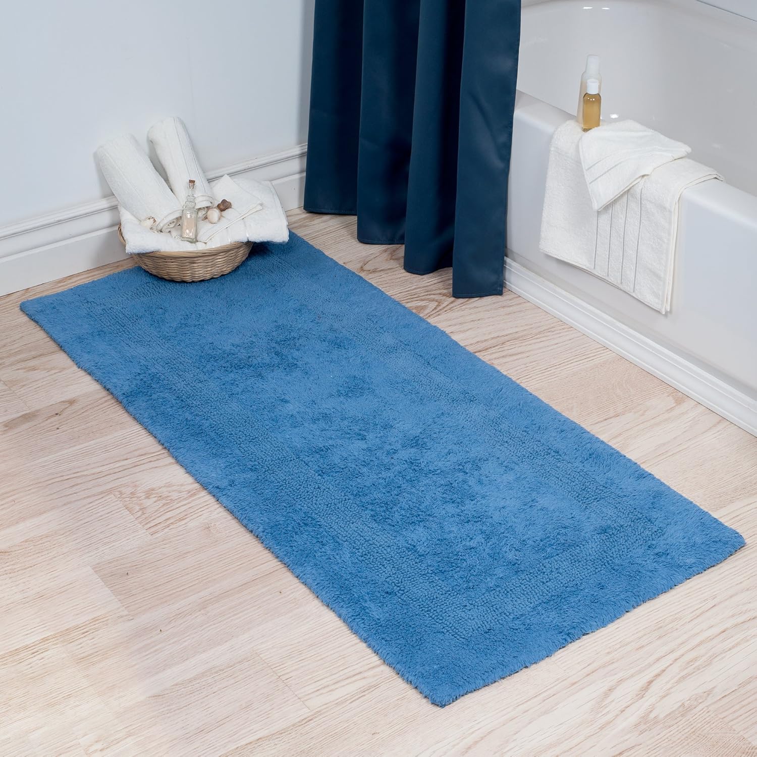 Lavish Home Reversible Long Bath Mat - 60x24-Inch Plush Cotton Bathroom Runner - Machine Washable Bath Mats for Bathroom, Kitchen, or Laundry Room (Blue)