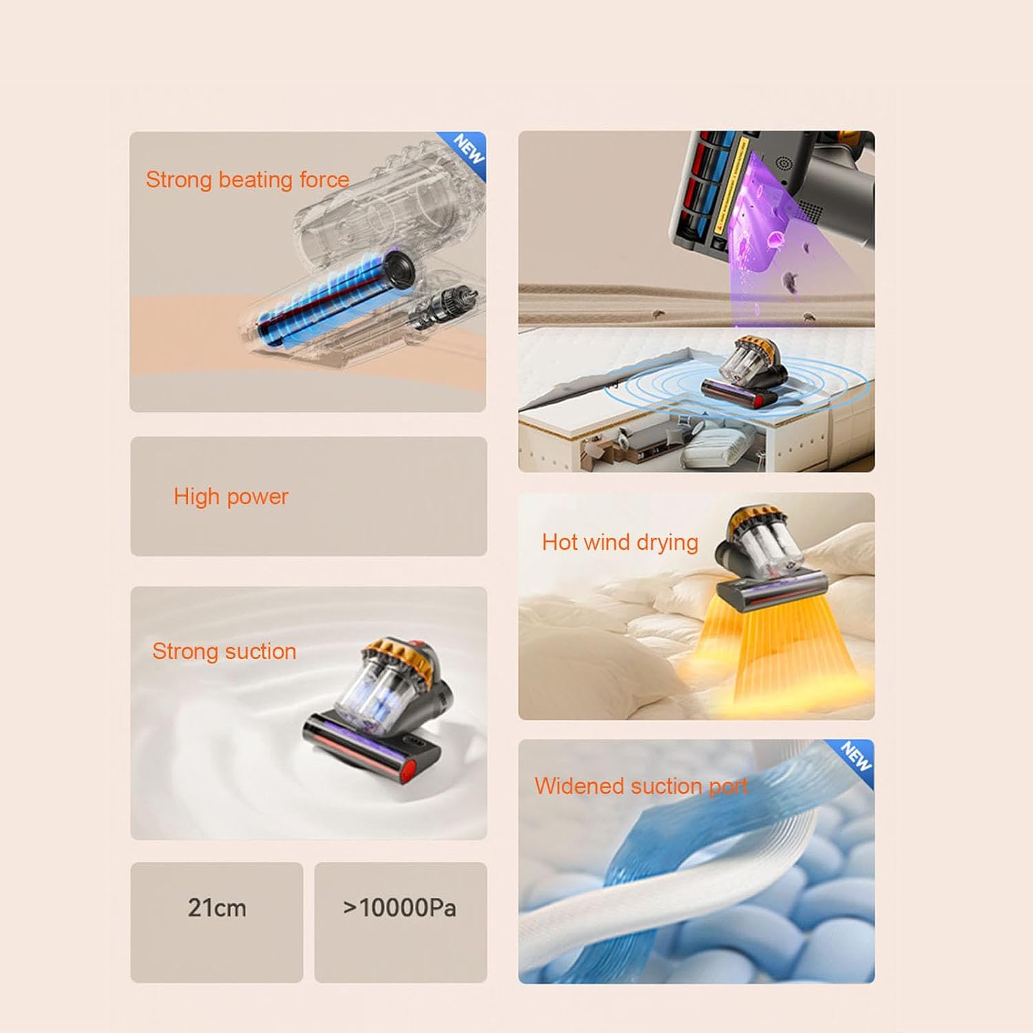 Asixxsix Bed Vacuum Cleaner, 400W 10KPa Strong Suction Cordless Mattress Vacuum Cleaner with 600ml Dust Box, 55℃ Hot Wind Drying Handheld Vacuum Cleaner for Bed Sofa Couch Crib (US Plug