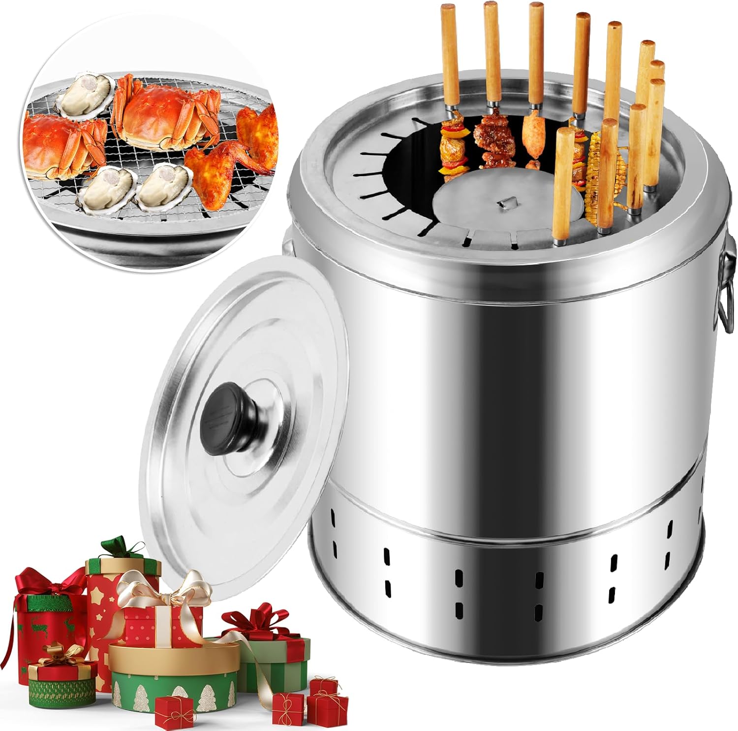 Smokeless Charcoal Hanging Kebob Grill, Stainless Steel With 20 Skewers, Portable Smokeless BBQ Charcoal Grill for Travel Camping Picnic Patio Backyard