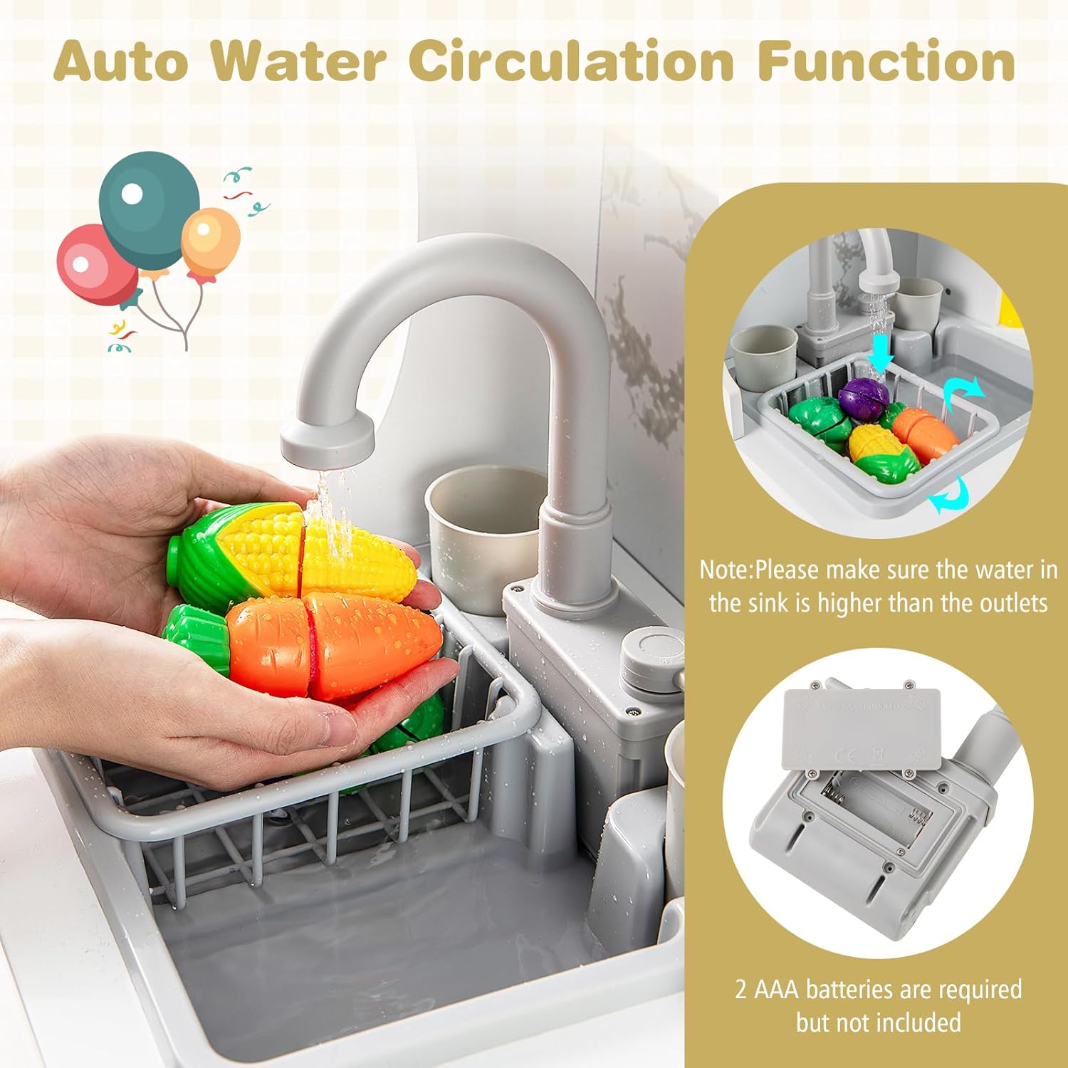 Costzon Corner Play Kitchen, Wooden Kids Kitchen Playset w/Water Circulation, Real Light & Sound, Microwave, Range Hood, Stove, Oven, Toy Kitchen Set for Kids Toddlers, Gift for Boys Girls 3+ (Grey)