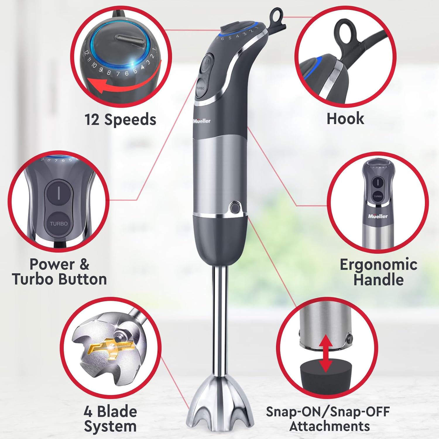 Mueller Multistick 5-in-1 Immersion Blender Handheld,12 Speed Hand Mixer-Turbo Boost,Heaviest Duty Copper Motor,Titanium reinforced Blades Hand Blender,Milk Frother Wand,Whisk,Beaker,Chopper,Grey