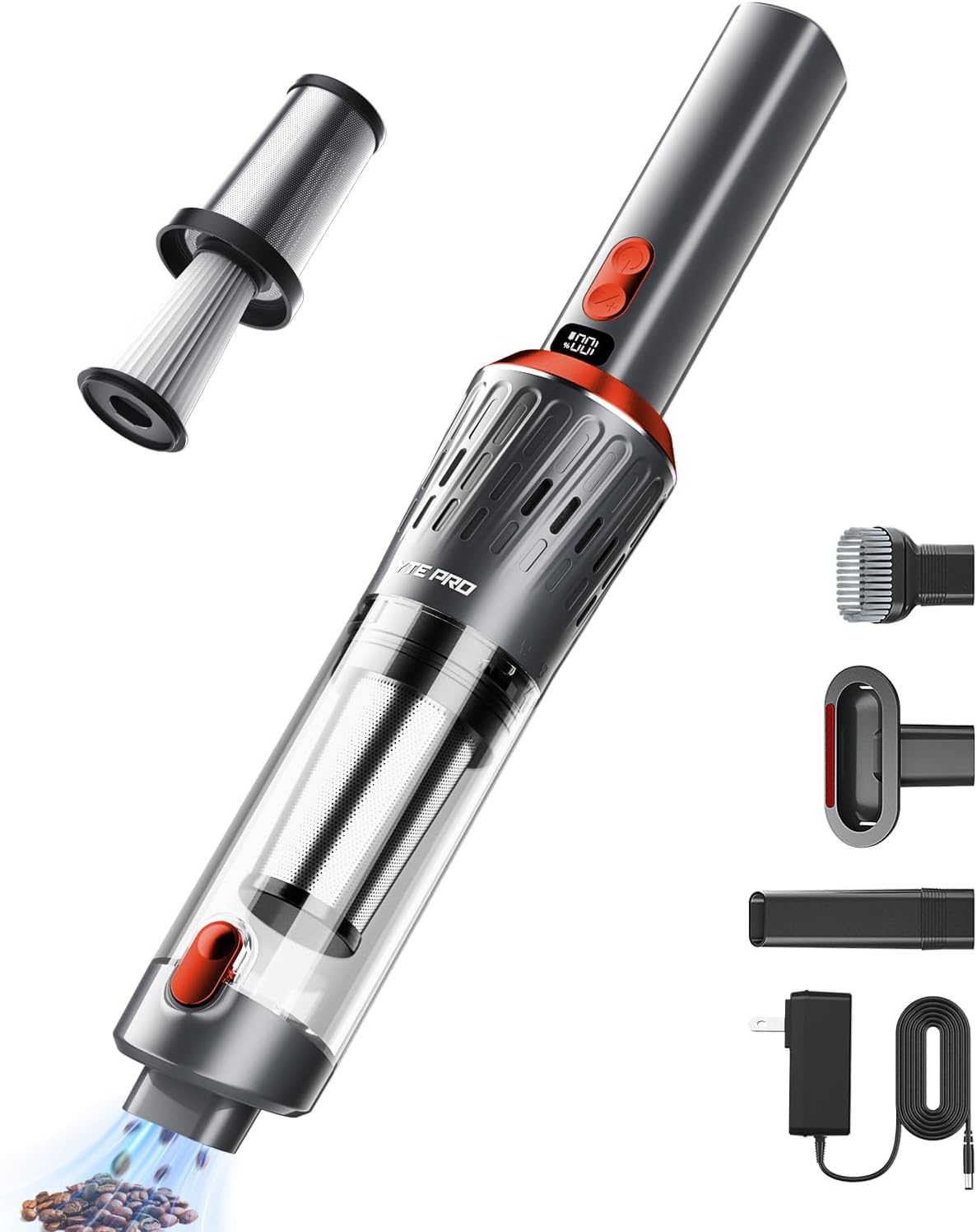 Handheld Vacuum Cordless 15000Pa Car Vacuum 3-in-1 Handheld Vacuum, Includes Smart Display and Charging Base Hand Vac Cordless Rechargeable One-Touch Empty for Home/Pet/Car (Brickred)