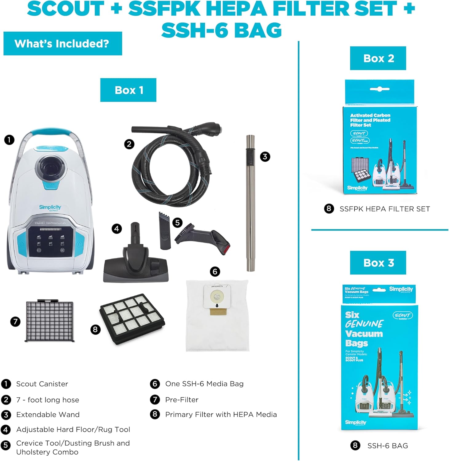 Simplicity Vacuums Scout Canister Vacuum with Bags and Filter Set Bundle, Home Rug and Hardwood Vacuum Cleaner to Vacuum Dust and Pet Hair on Floors and Above Floor Areas